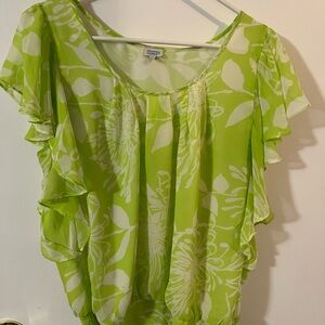 Charming Charlie women’s L Sheer Green Floral Top Flowy elastic bottom